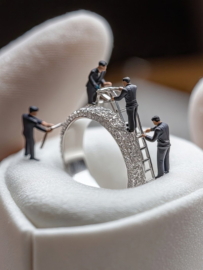 Miniature workers using engraving pens and micro chisels to etch delicate patterns and initials into a smooth platinum surface