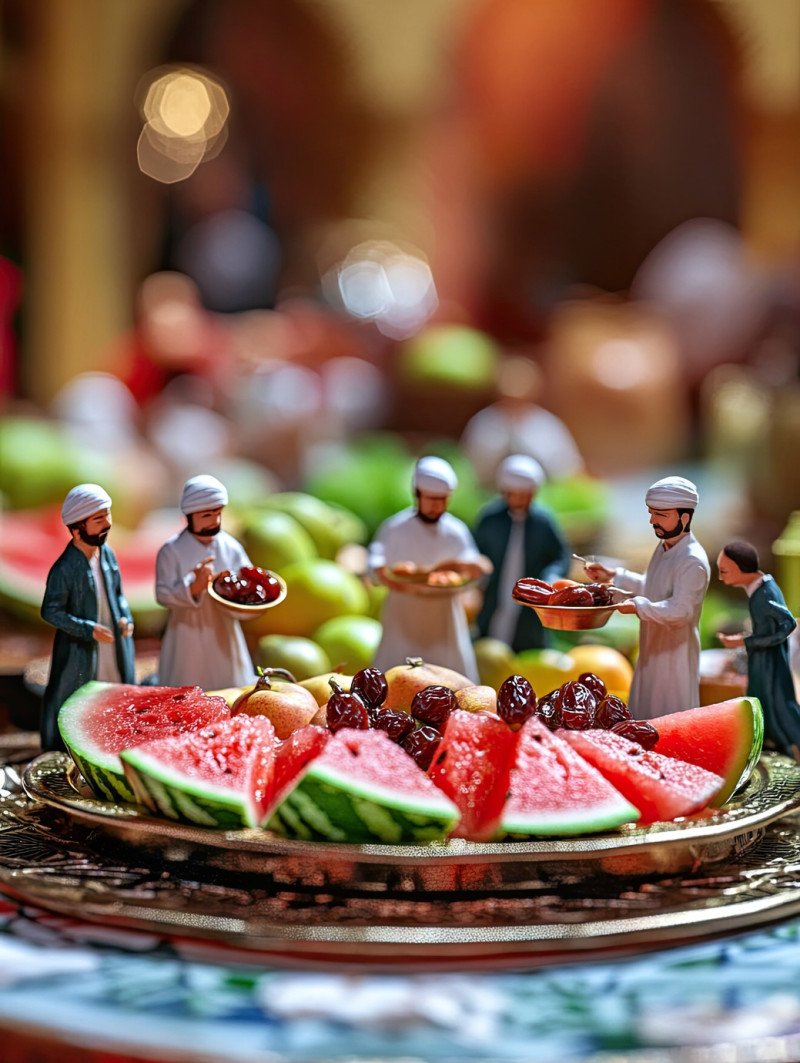 A fruit platter with watermelon slices and fresh dates with 4 miniature workers enjoying an iftar meal. ramadan iftar miniature workers food photography