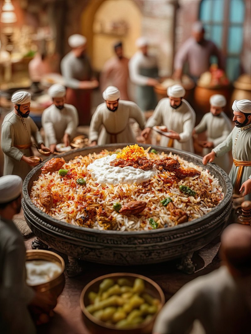 A large biryani platter with yogurt and pickles with 8 miniature workers serving an iftar meal. ramadan iftar miniature workers food photography