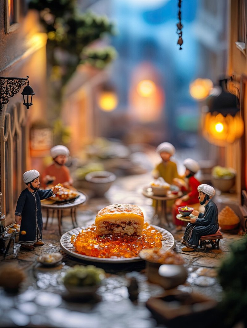 Kunafa with syrup and a cup of mint tea with 3 miniature workers enjoying an iftar meal. ramadan iftar miniature workers food photography