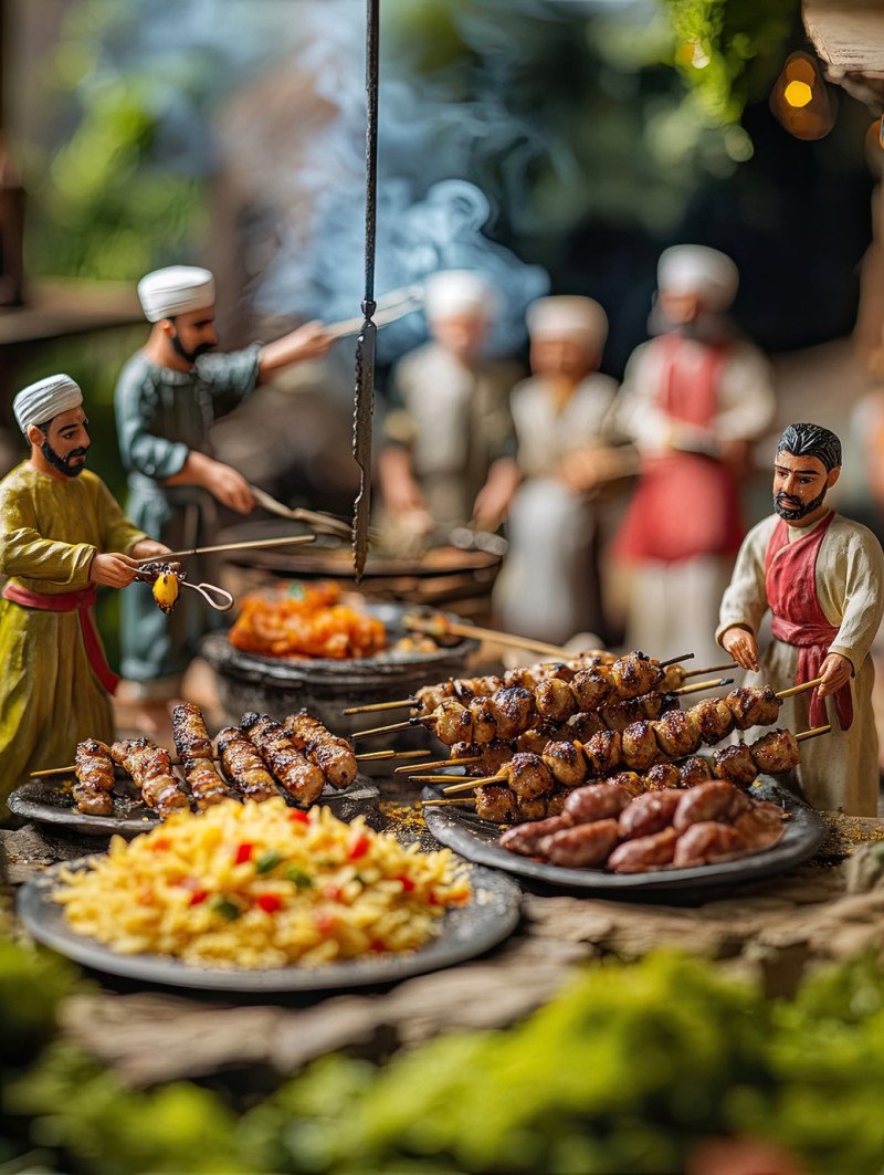 Grilled kebabs and saffron rice with 6 miniature workers grilling skewers and plating them. ramadan iftar miniature workers food photography