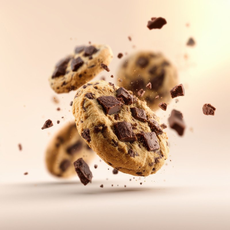 Chocolate chip cookies flying mid air with chunks and crumbs