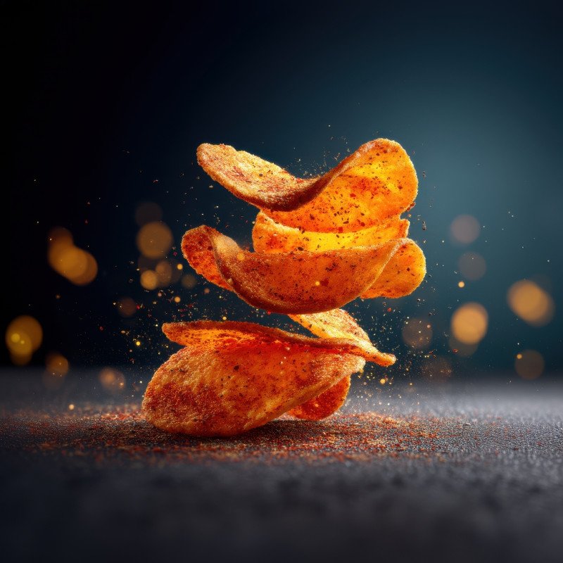 Spicy potato chips flying mid air with chili dust and glowing texture