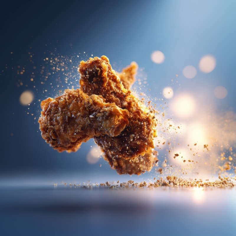 Crispy fried chicken wings flying mid air with crumbs and detail