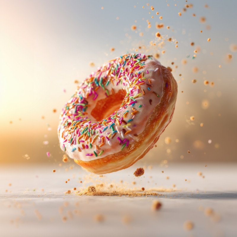 Glazed donut with rainbow sprinkles flying mid air with crumbs