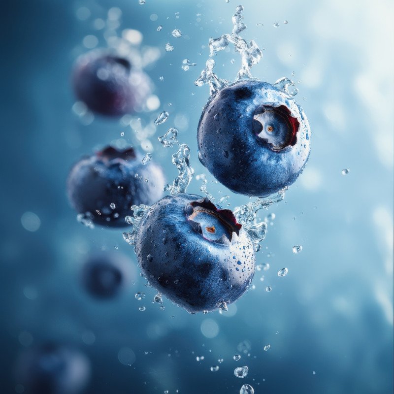 Fresh blueberries floating with water splashes