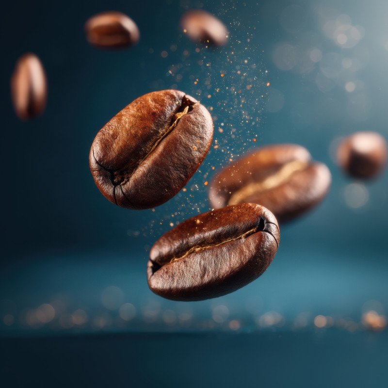 Roasted coffee beans flying mid air with coffee granules around