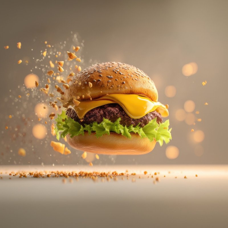 Juicy cheeseburger flying mid air with melted cheese