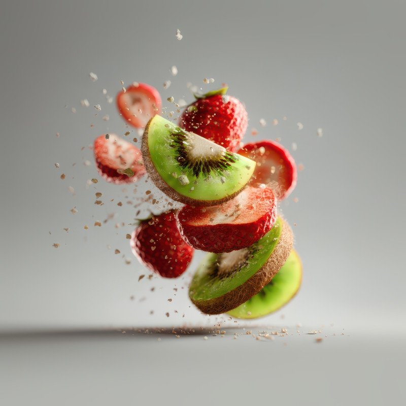 Sliced kiwi and strawberries flying mid air