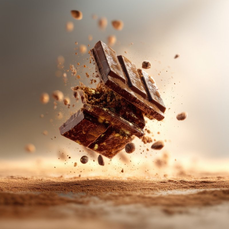 Broken chocolate bar flying mid air with cocoa dust