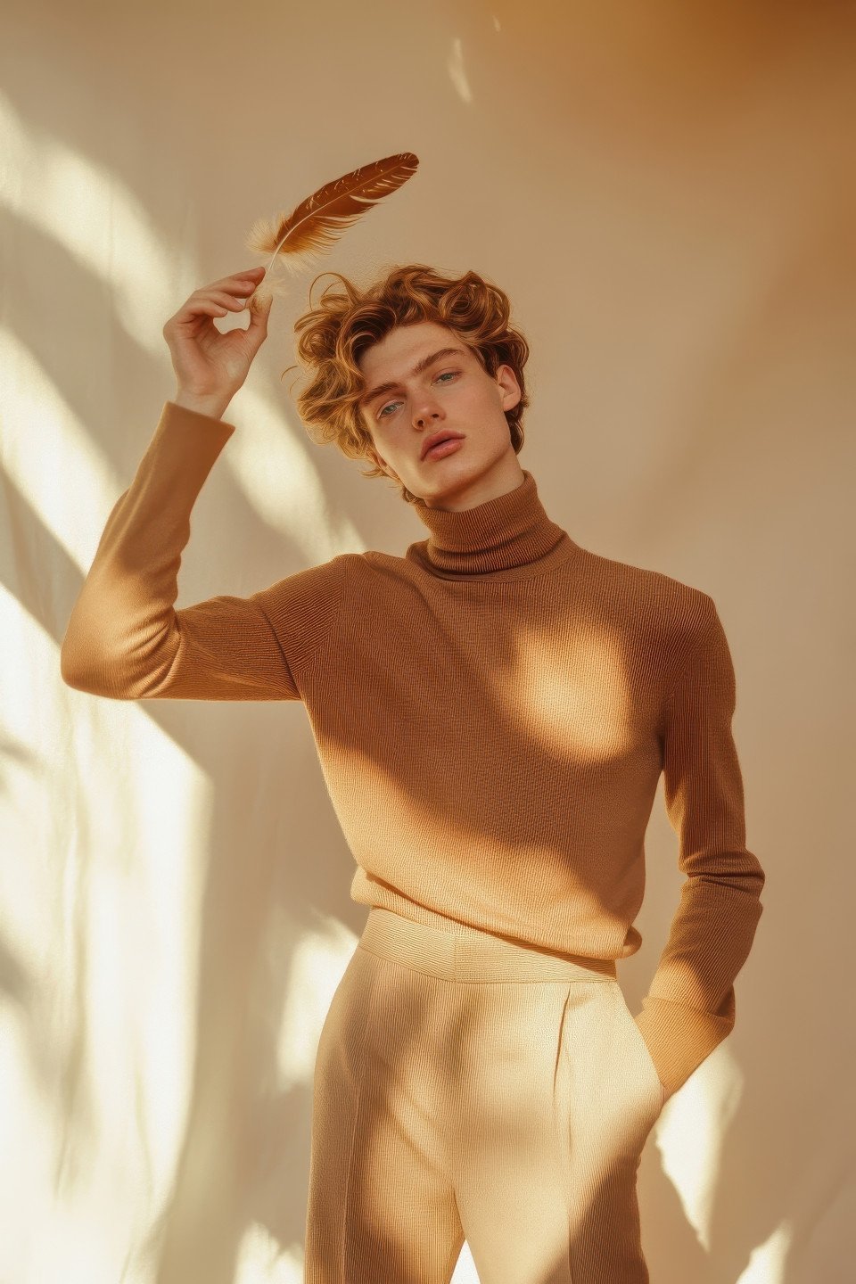 Surreal fashion portrait of a young man in a camel turtleneck and wide leg trousers