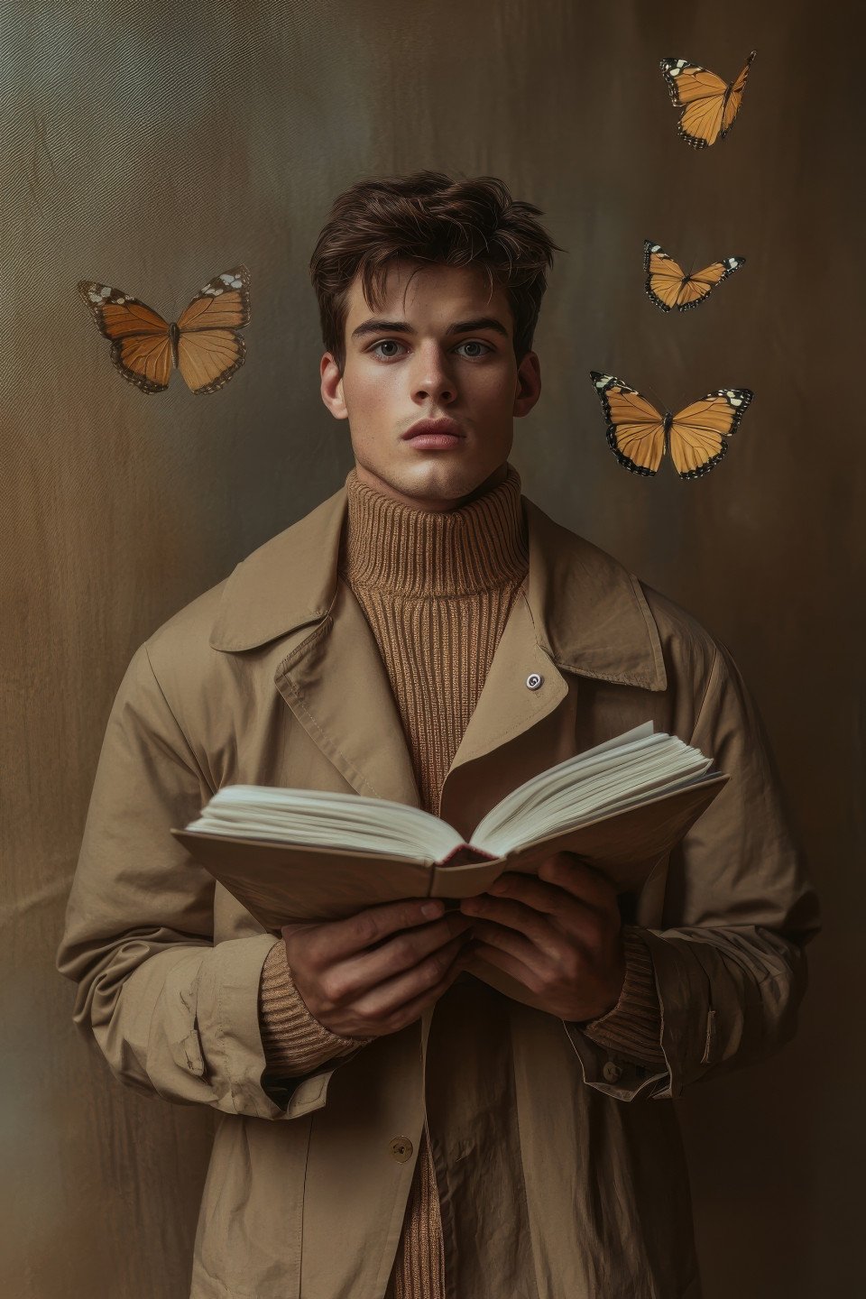 Surreal portrait of a young man in a trench coat
