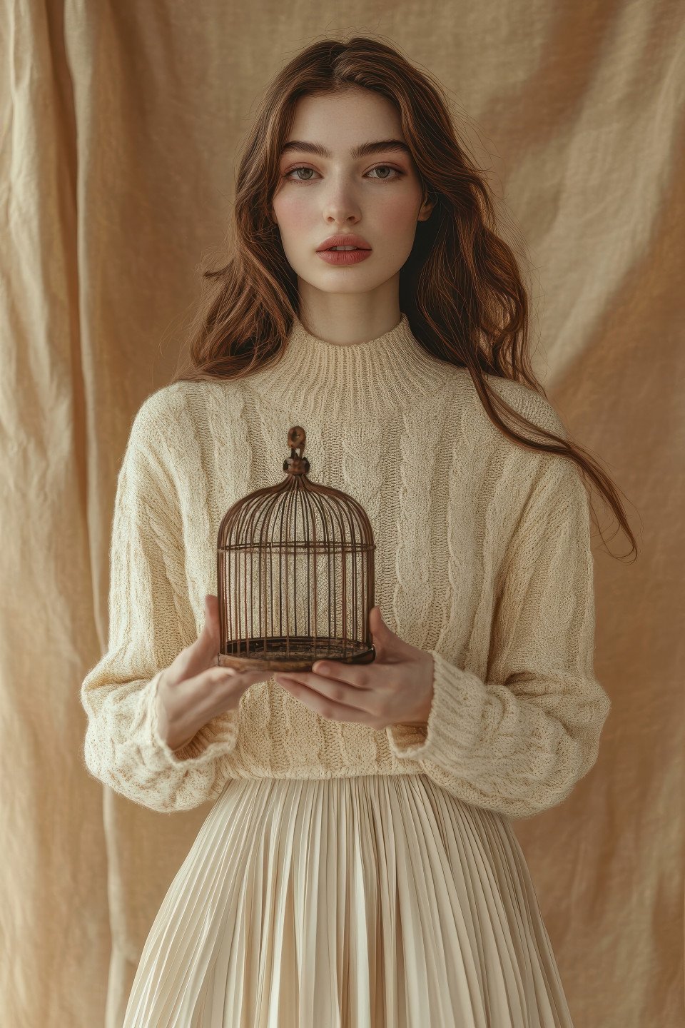 Surreal portrait of a woman in a beige wool sweater