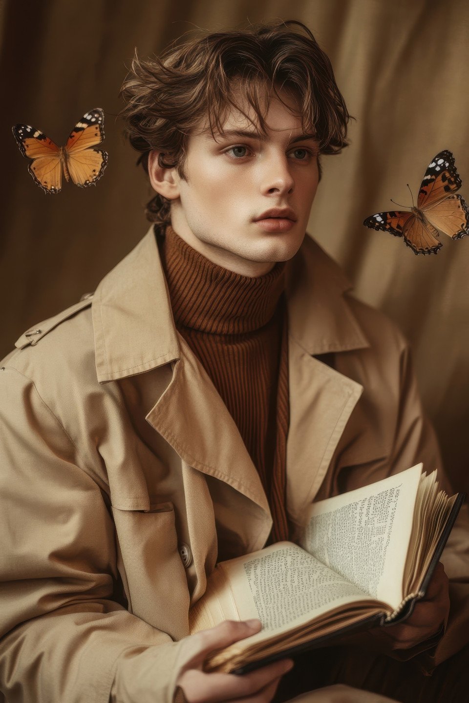 Surreal portrait of a young man in a vintage trench coat