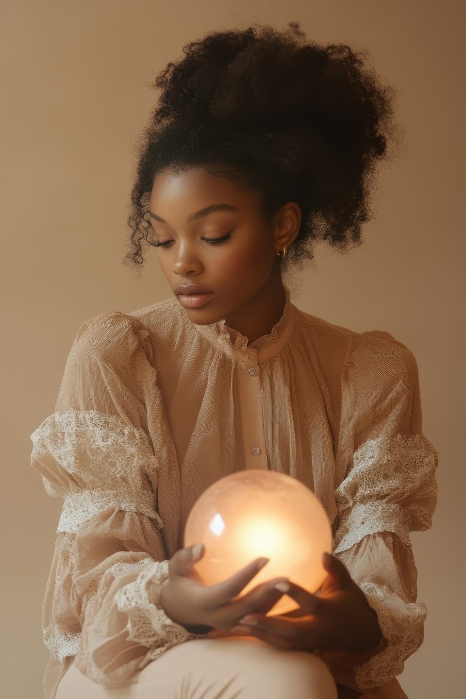 Surreal fashion portrait of a woman in a mocha blouse