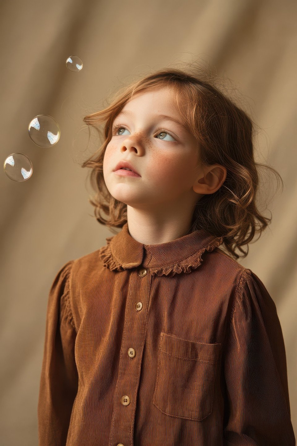 Surreal portrait of a child in a brown peter pan collar blouse