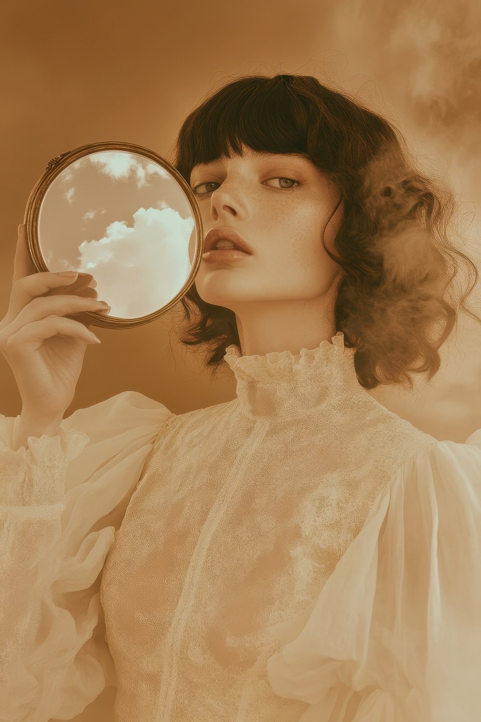 Surreal fashion portrait of a woman in a sepia toned dress
