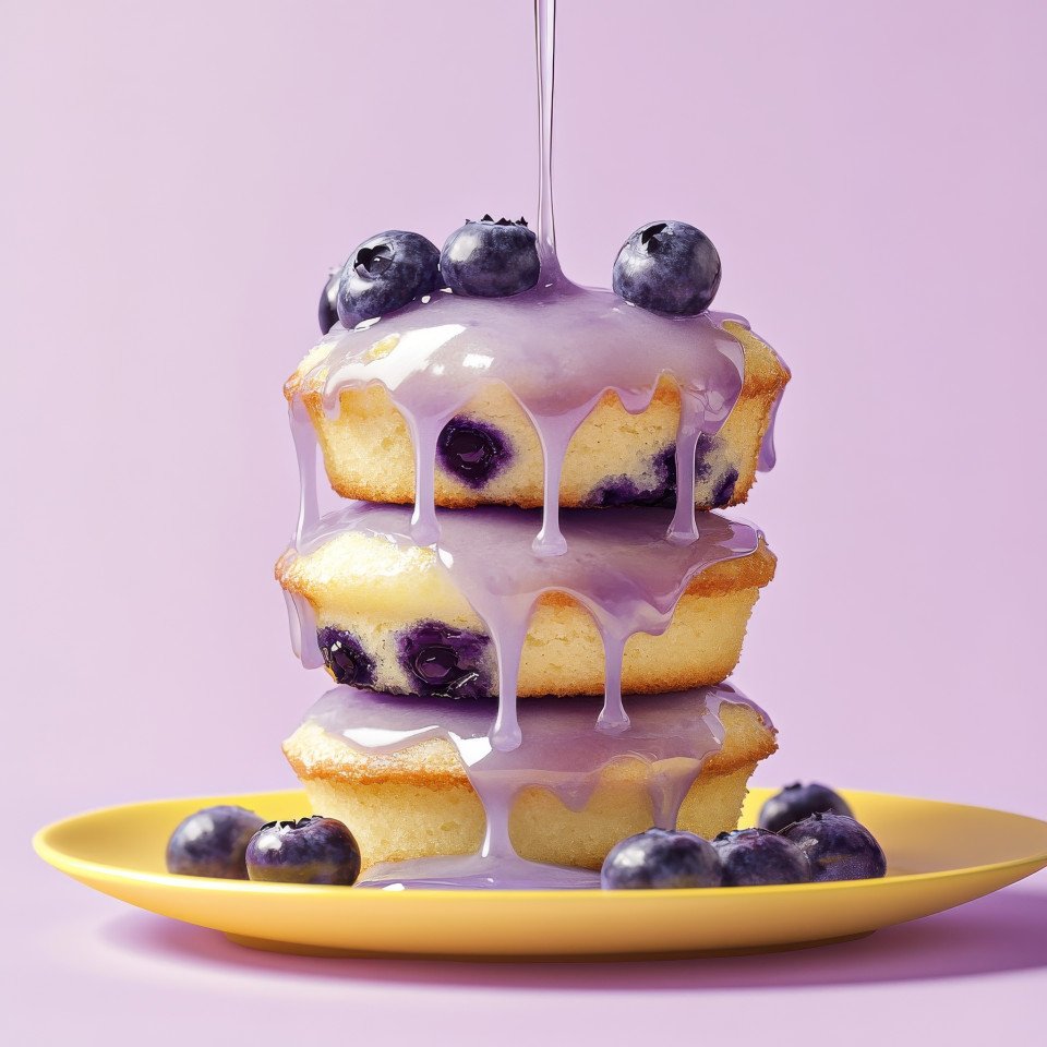 Blueberry muffin stack with fresh blueberries and lemon glaze drizzle