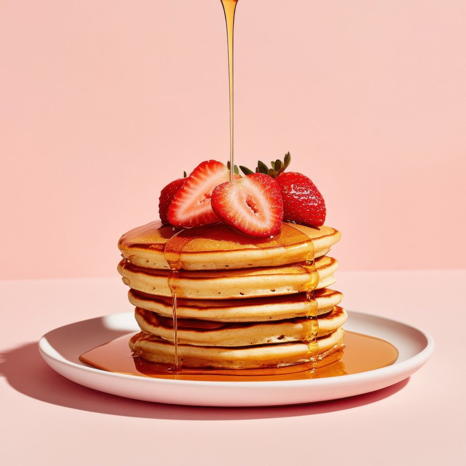 Layered pancake stack topped with strawberries and maple syrup drizzle