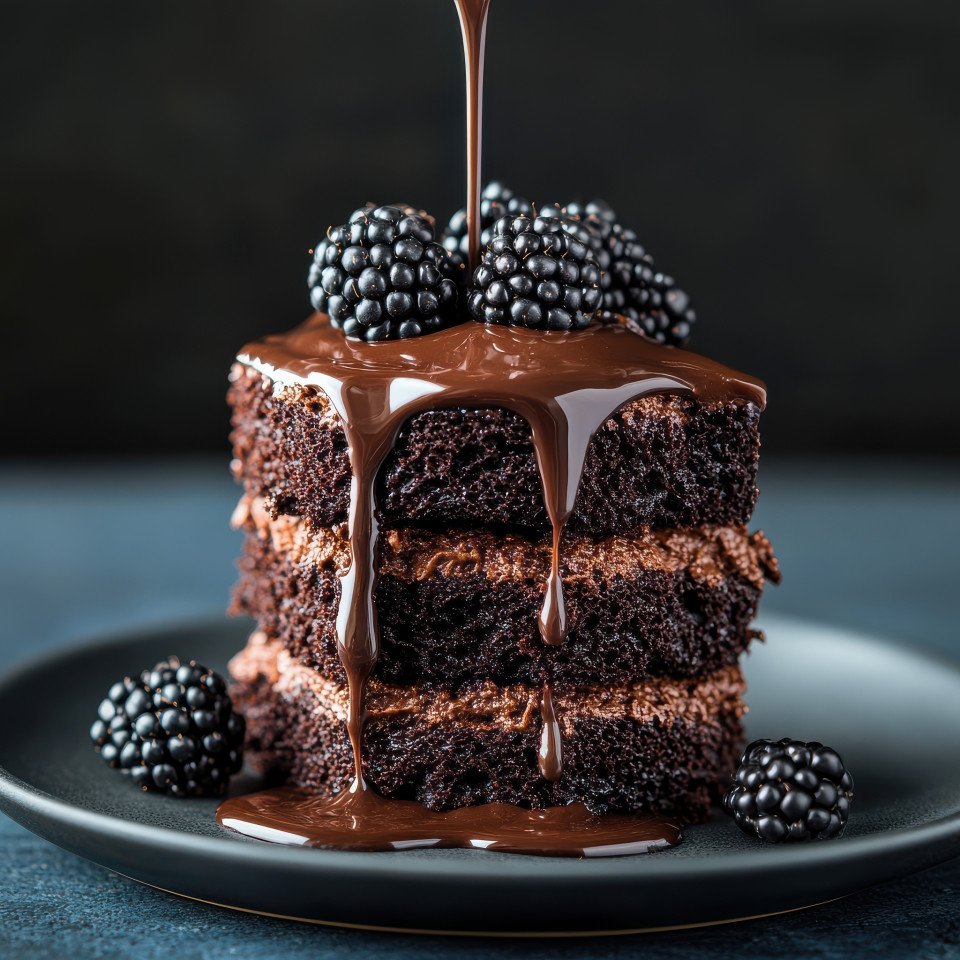 Chocolate cake stack topped with blackberries and dark ganache drizzle