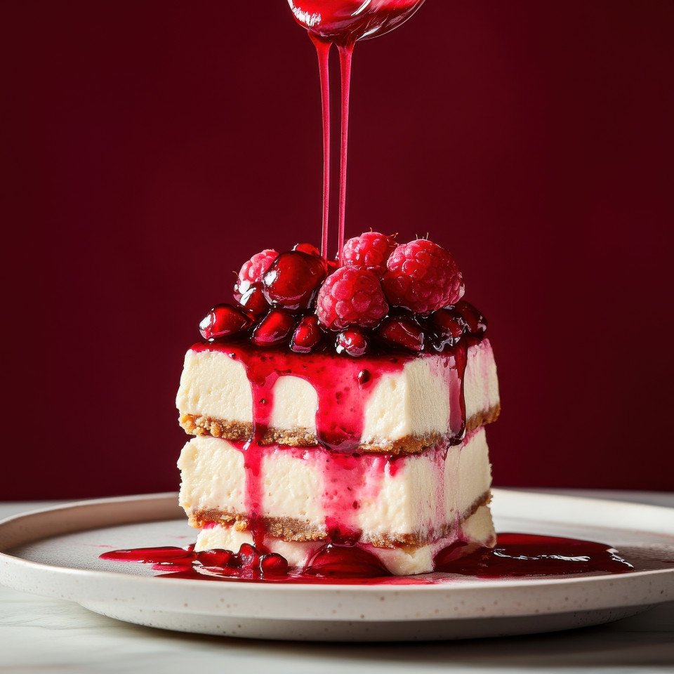 Cheesecake stack topped with pomegranate seeds and raspberry coulis drizzle