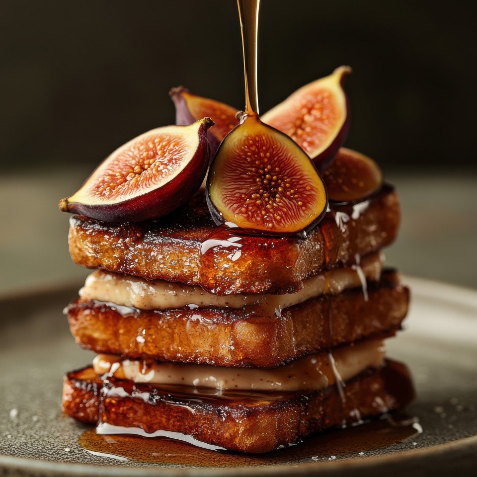 French toast stack topped with sliced figs and honey drizzle