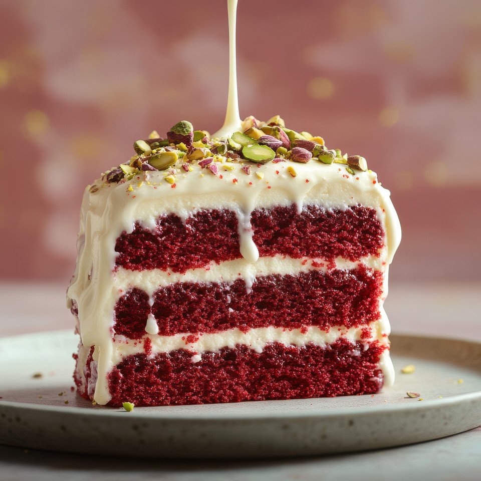 Red velvet cake stack with crushed pistachios and cream cheese frosting drizzle