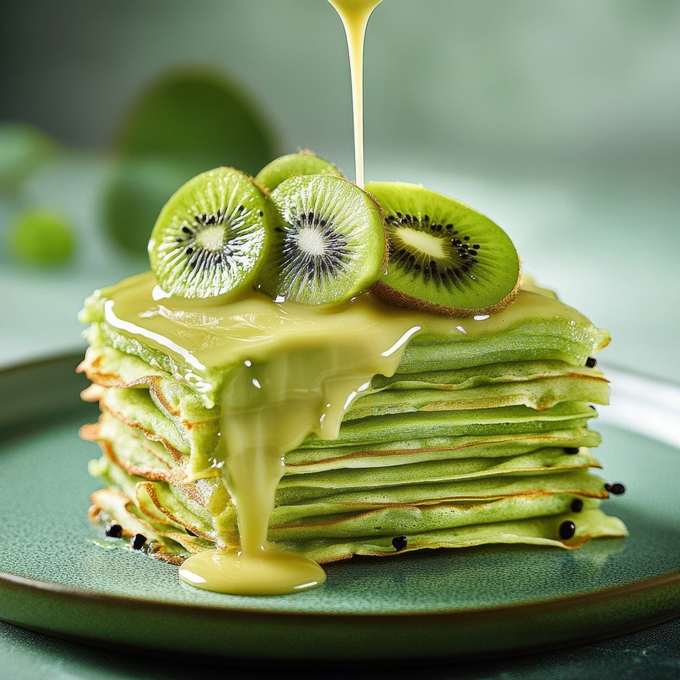 Matcha crepe cake stack with kiwi slices and condensed milk drizzle