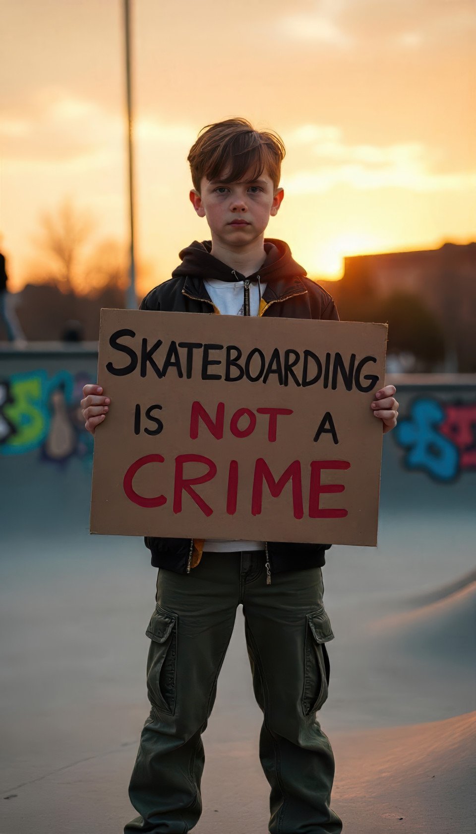 Teenage boy in rugged streetwear holds bold 'skateboarding is not a crime' sign at sunset skate park. street scene art with flux prompt