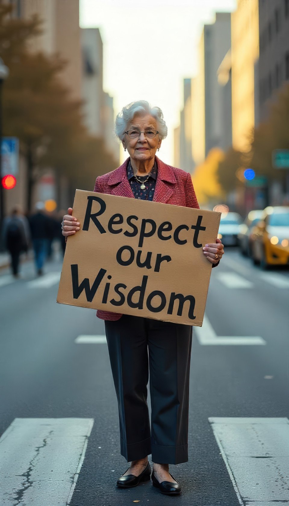 Elderly woman in vintage wear proudly holds 'respect our wisdom' sign at city crosswalk in morning light. street scene art with flux prompt