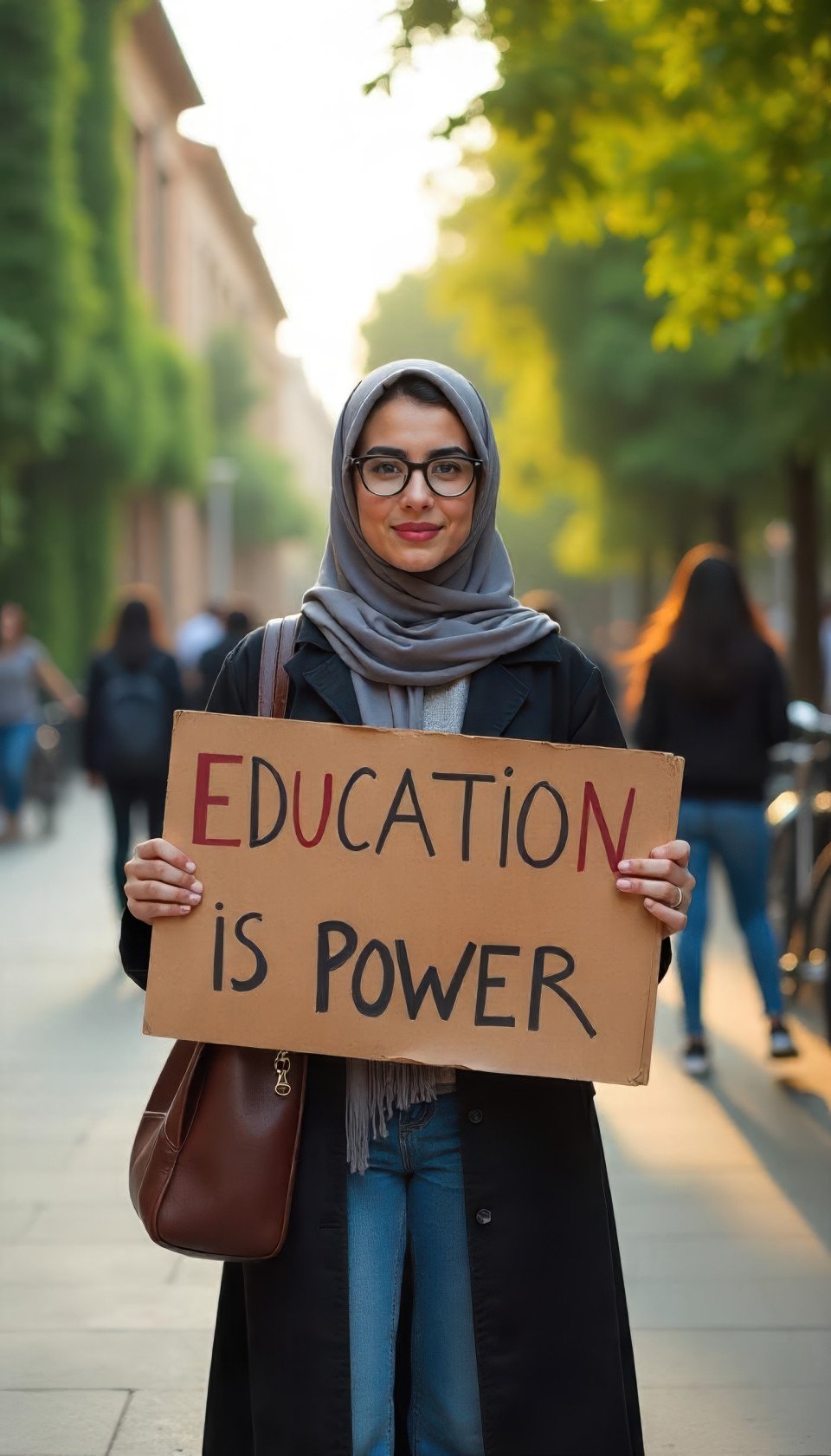 Middle eastern young woman with inspired look holds 'education is power' sign on vibrant university campus. street scene art with flux prompt