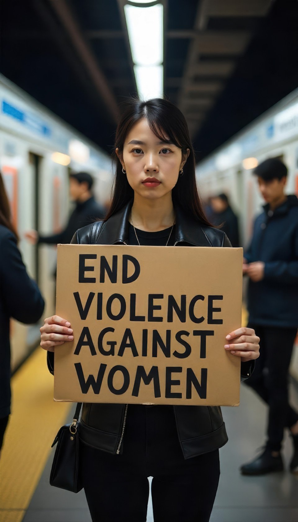 Young asian woman in sleek urban style holds 'end violence against women' sign at night metro station. street scene art with flux prompt