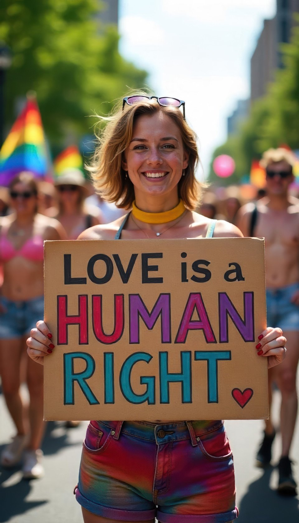 Nonbinary young adult in colorful fashion beams while holding 'love is a human right' sign at pride parade. street scene art with flux prompt
