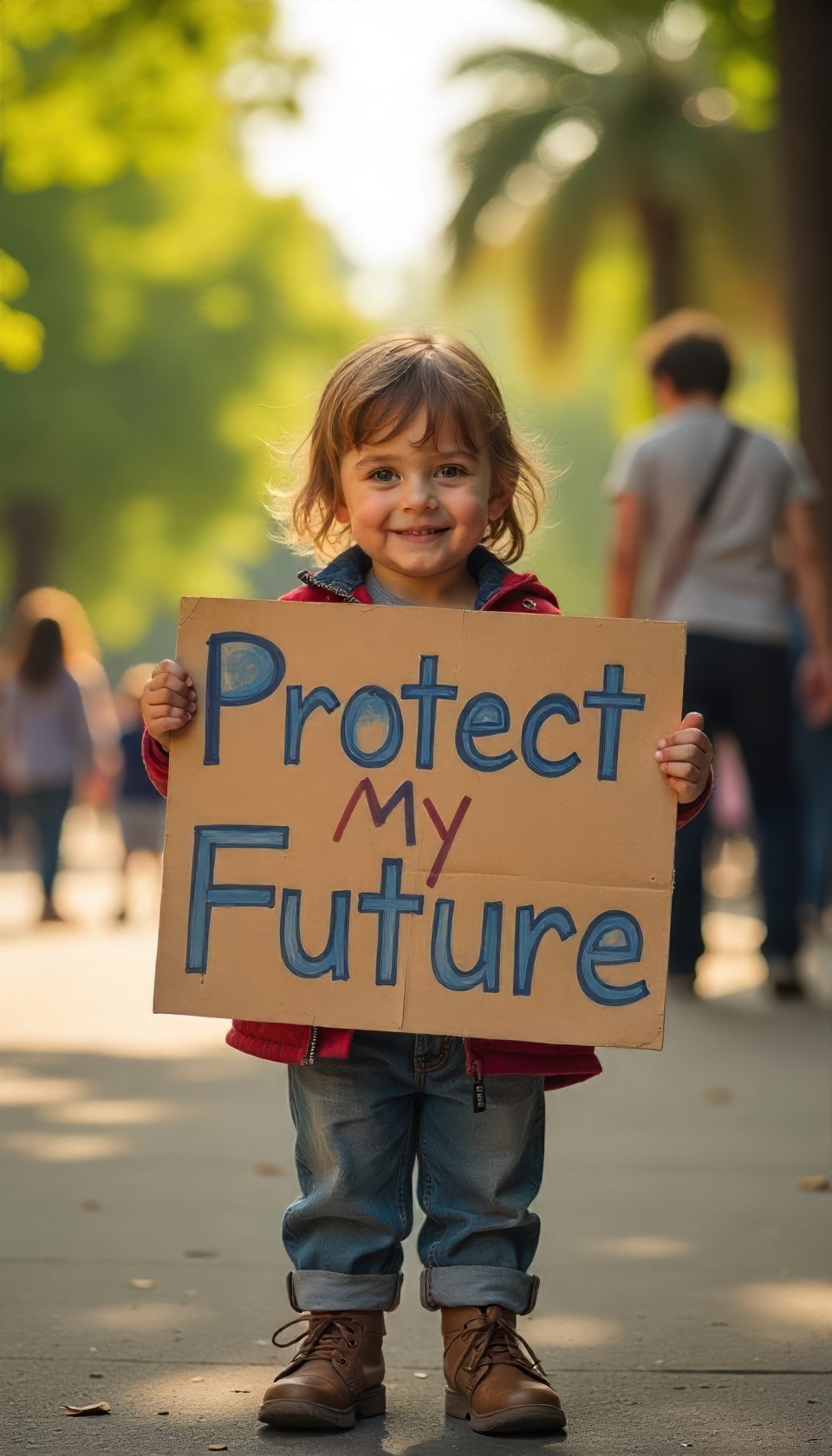 Hopeful child in playful clothes stands with 'protect my future' sign in public park late afternoon. street scene art with flux prompt