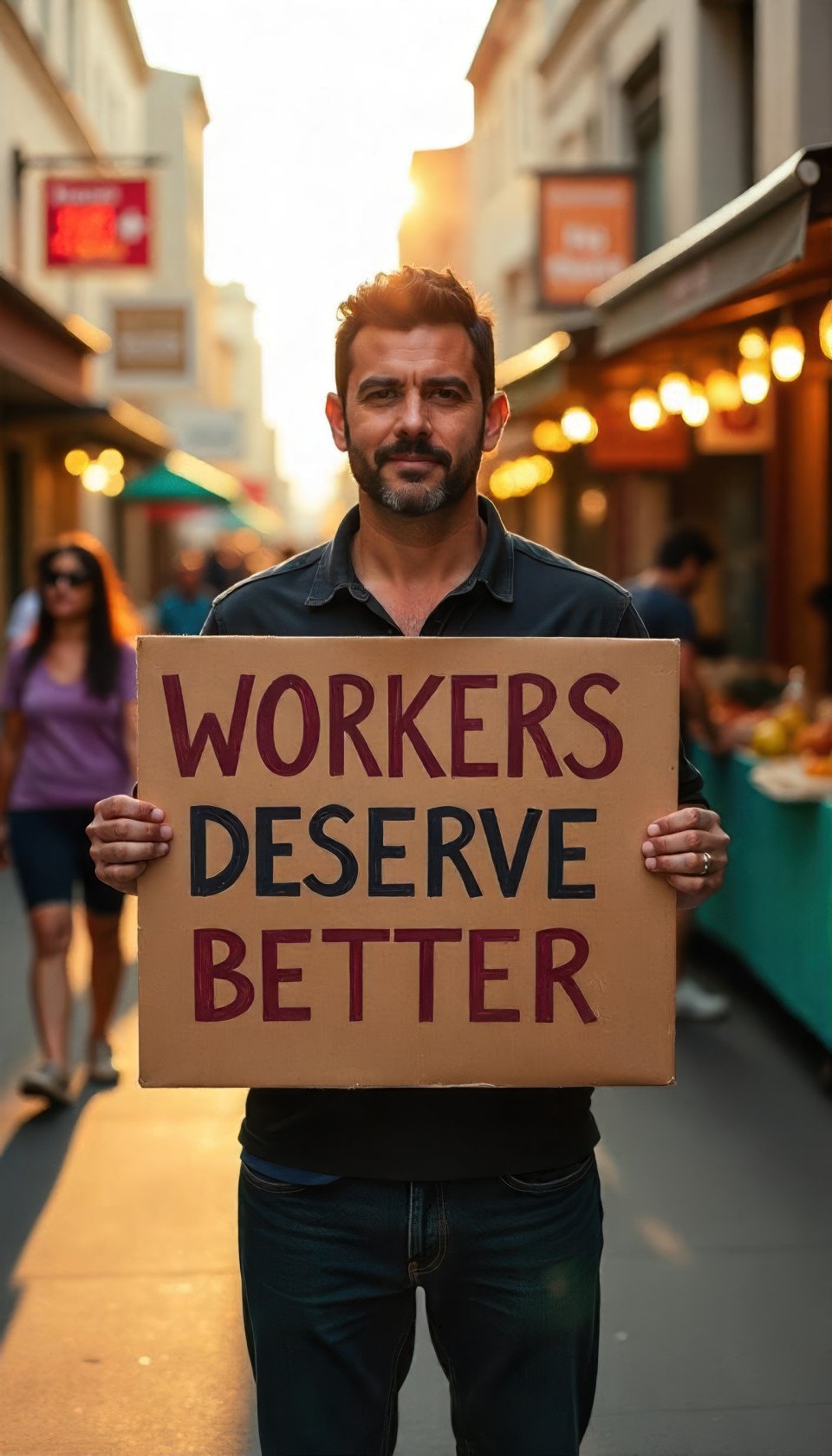 Hispanic man in casual workwear holds 'workers deserve better' sign at busy marketplace during golden hour. street scene art with flux prompt