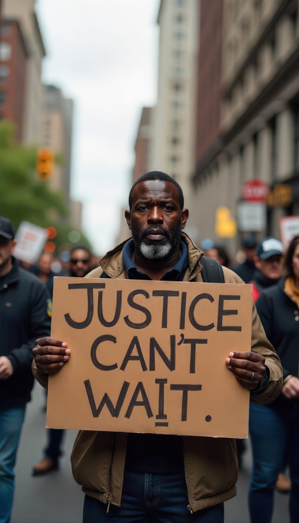 Middle aged black man with determined look holds 'justice can't wait' sign at protest march downtown. street scene art with flux prompt