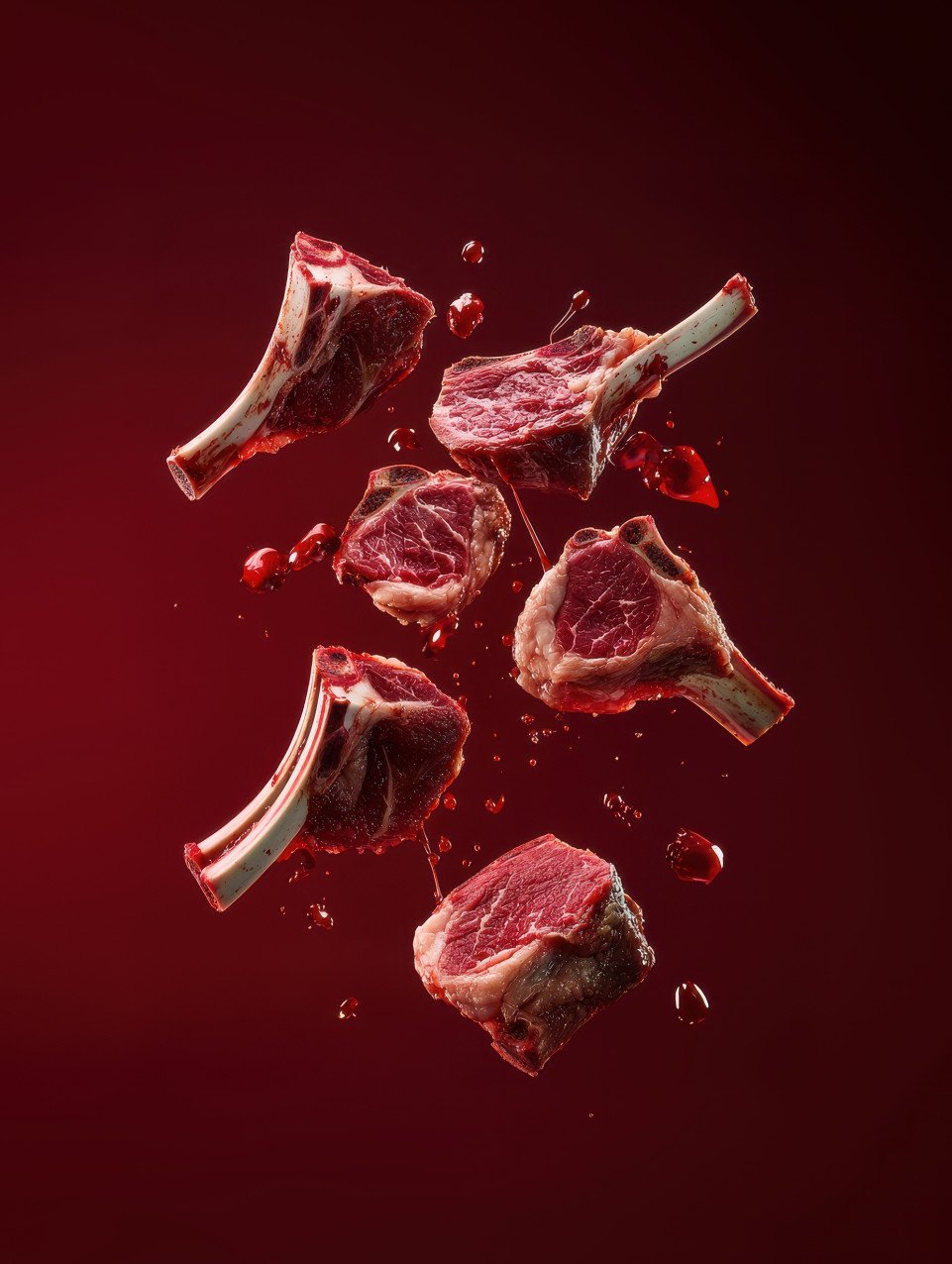 Raw lamb chops suspended in mid air with red juice splashes and bone slices in cinematic clarity
