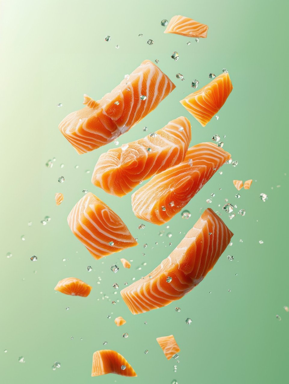Raw salmon floating mid air in sliced form with shimmering fish oil and salt crystals