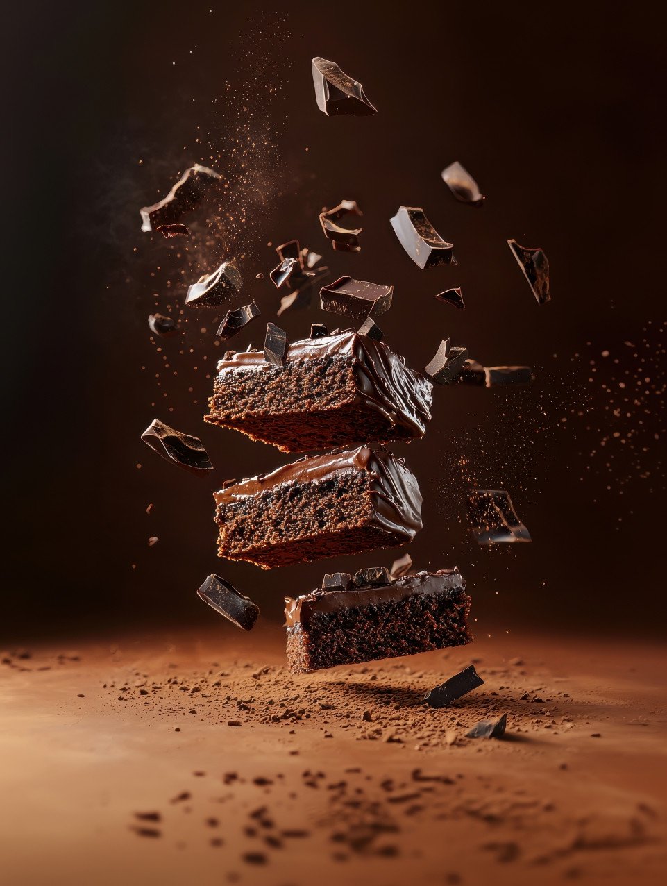 Rich chocolate cake bursts apart mid air with cocoa dust and chocolate curls