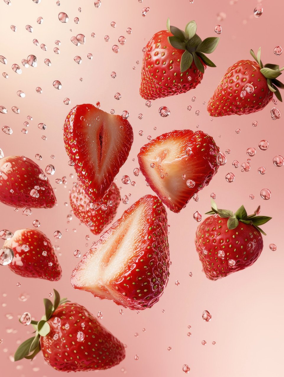 Ripe strawberry sliced mid air with water droplets and scattered seeds in stunning detail