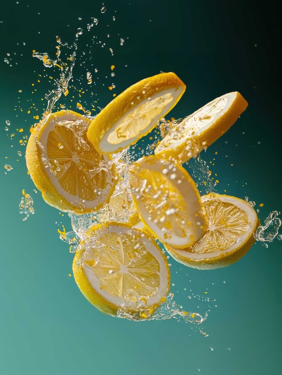 Bright lemon sliced in flight with citrus zest and juicy splashes