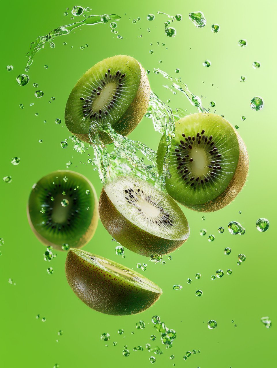 Vibrant kiwi sliced and suspended mid air with fuzzy skin particles and juice spray