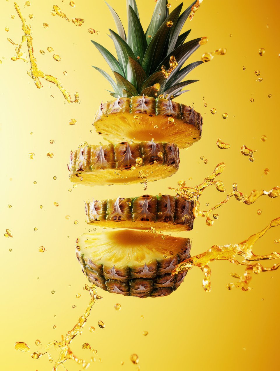 Fresh pineapple sliced into airborne segments with fibrous texture and juicy mist