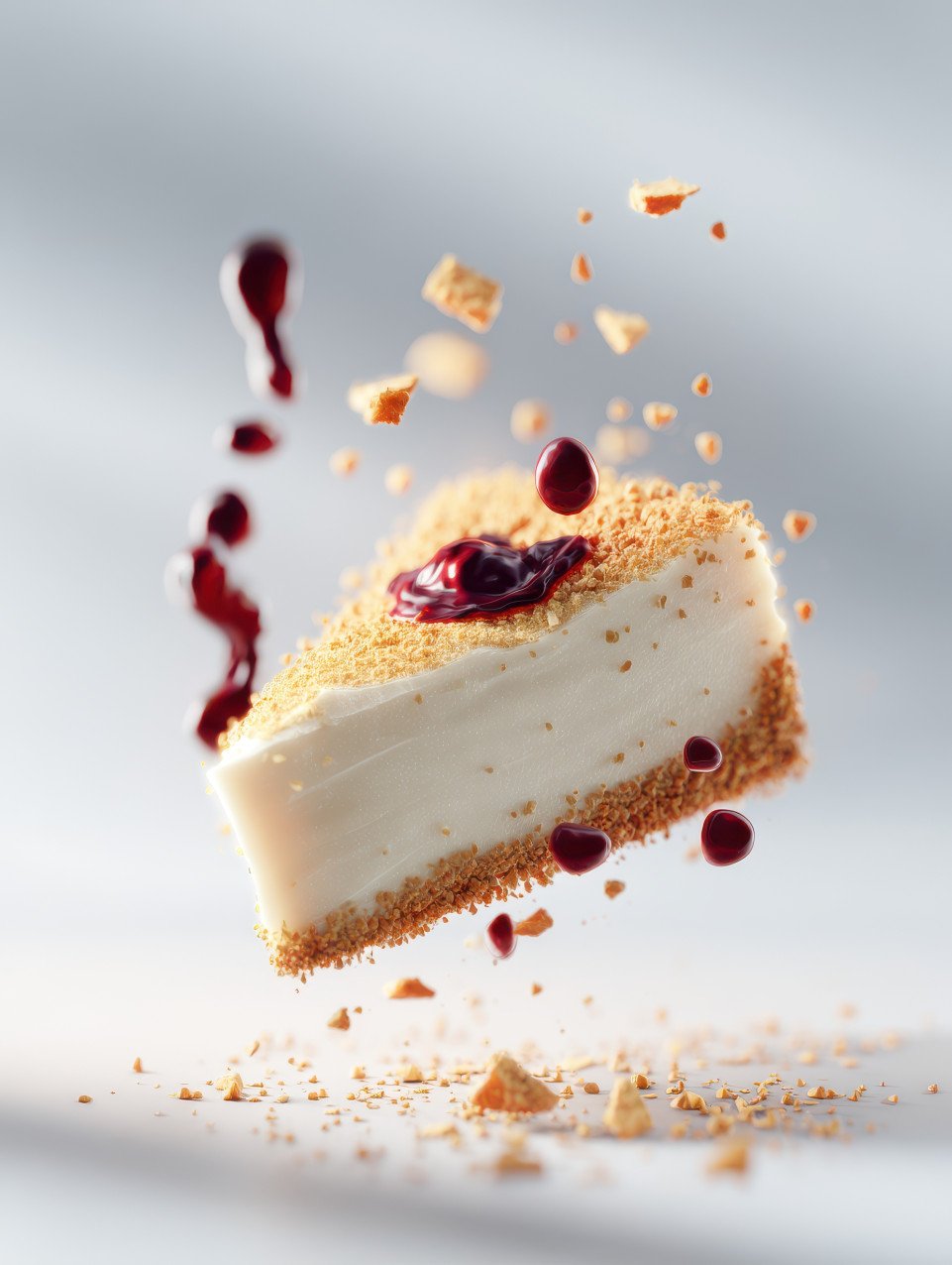 Hyper realistic photograph of a cheesecake slice suspended mid air