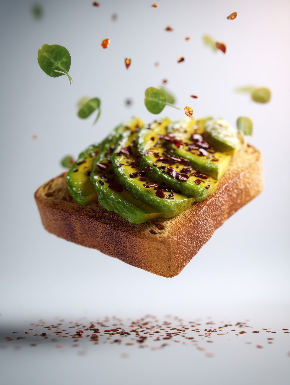 Hyper realistic photograph of an avocado toast slice floating mid air