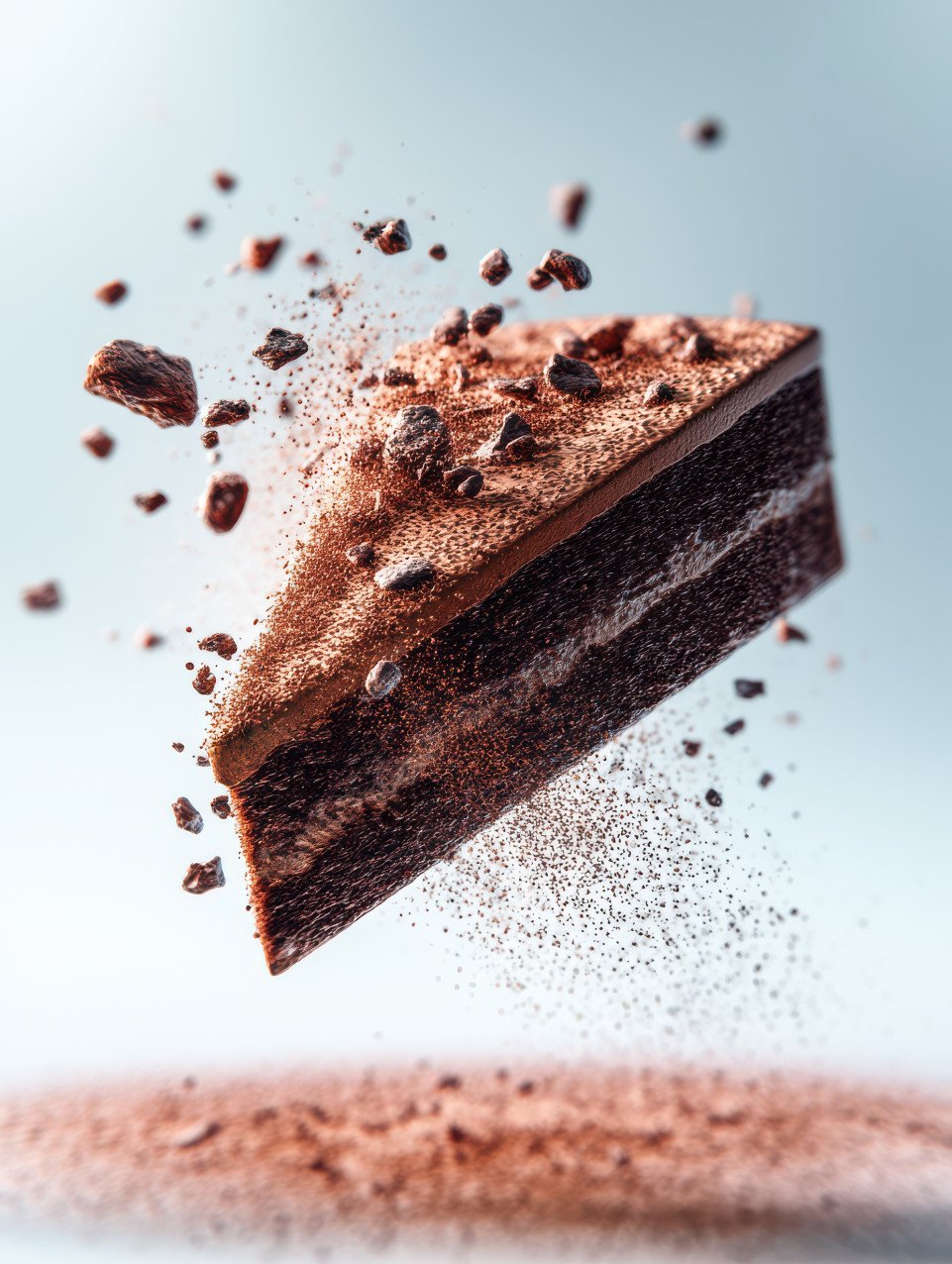 Hyper realistic photograph of a chocolate cake slice floating mid air