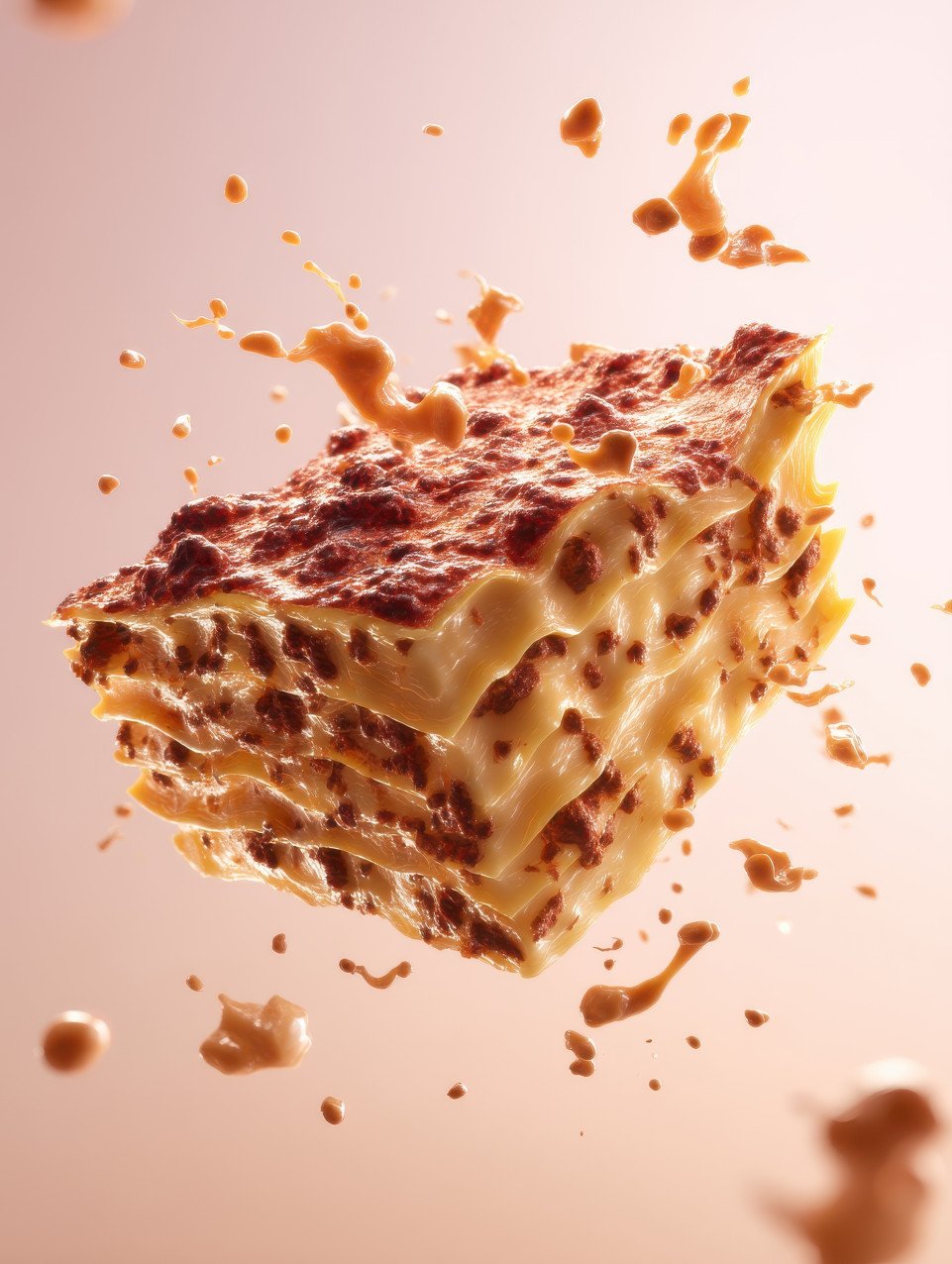 Hyper realistic photograph of a lasagna slice floating mid air