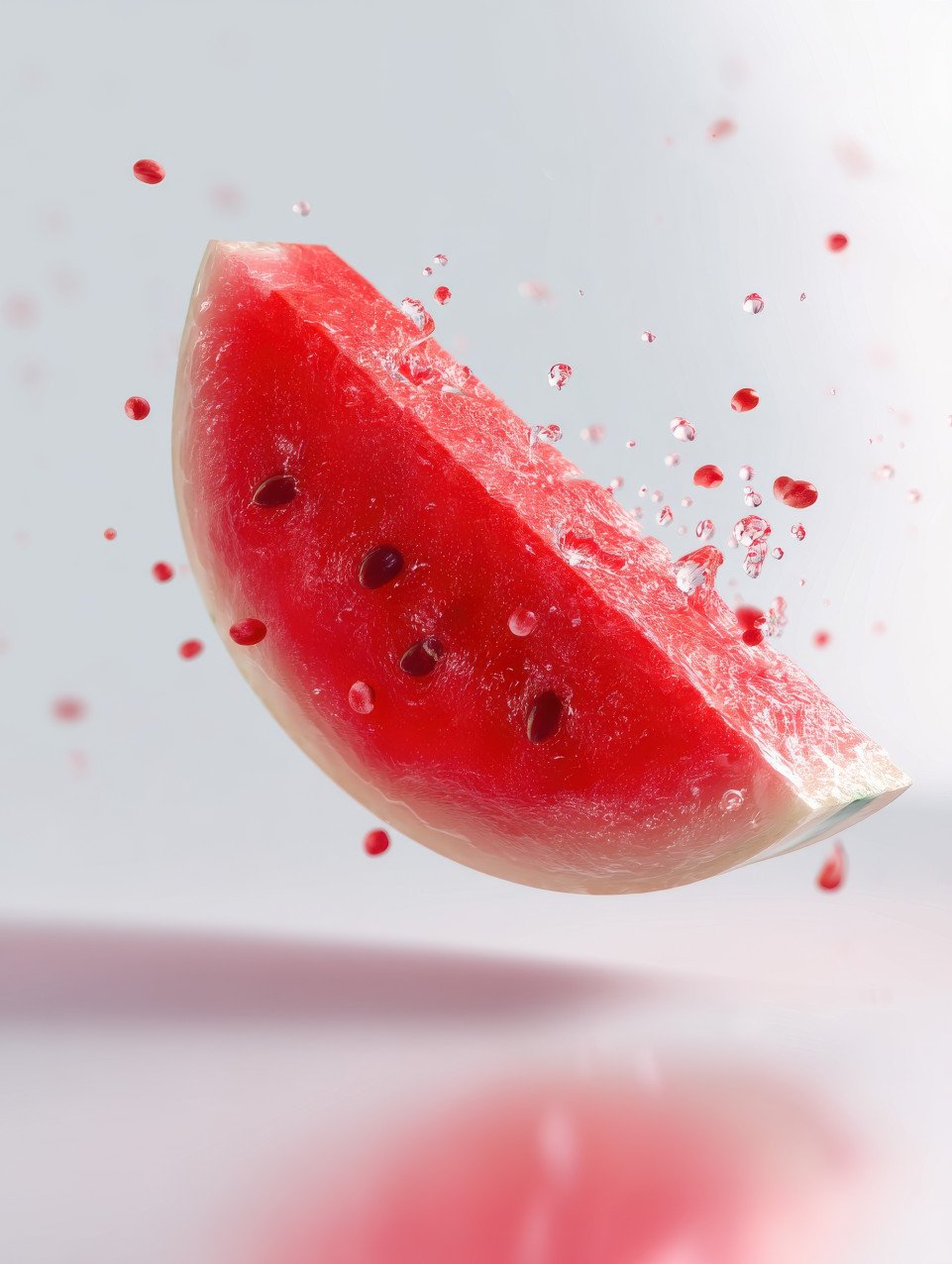 Hyper realistic photograph of a watermelon slice floating mid air