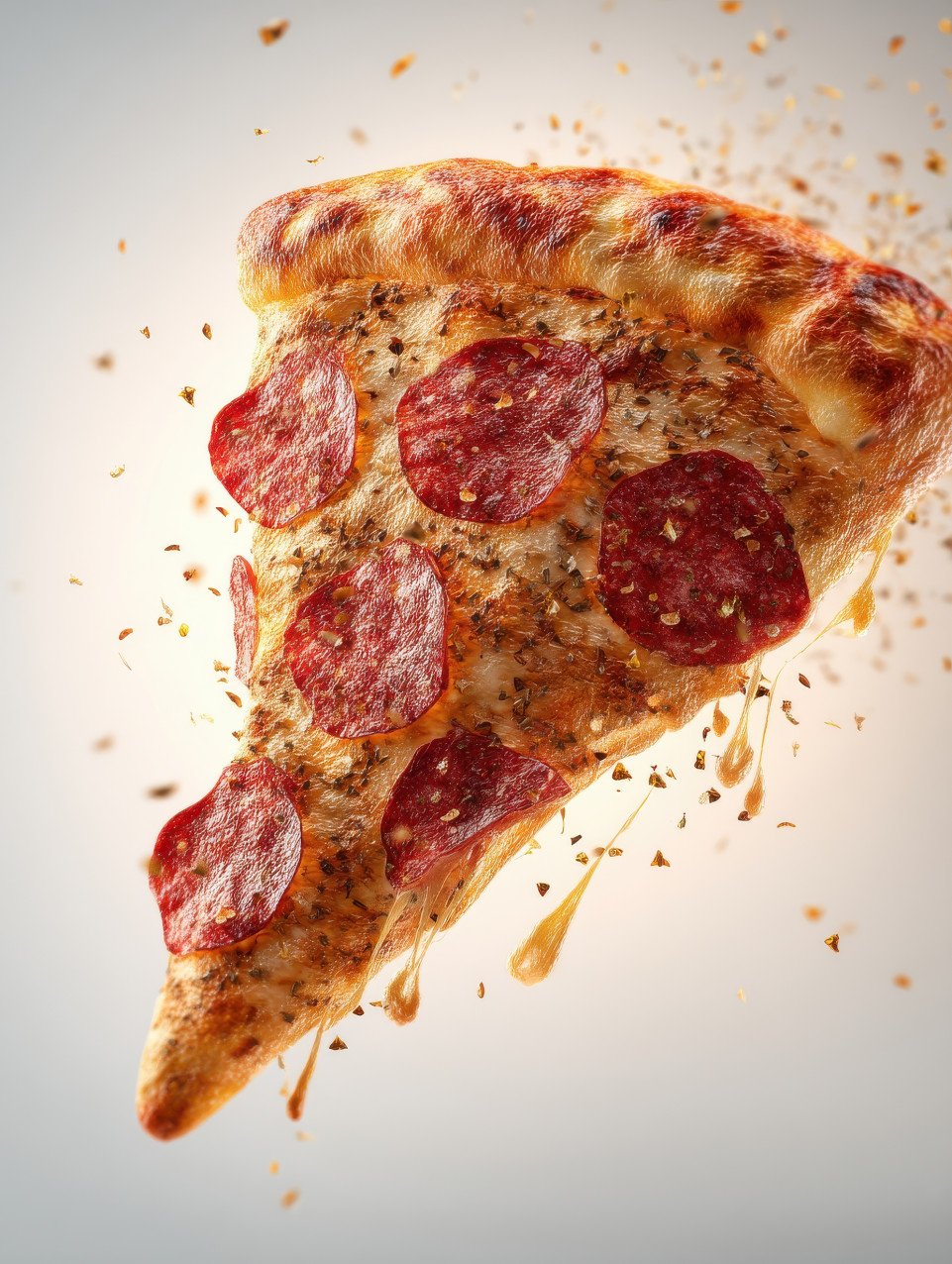 Hyper realistic photograph of a pepperoni pizza slice floating mid air