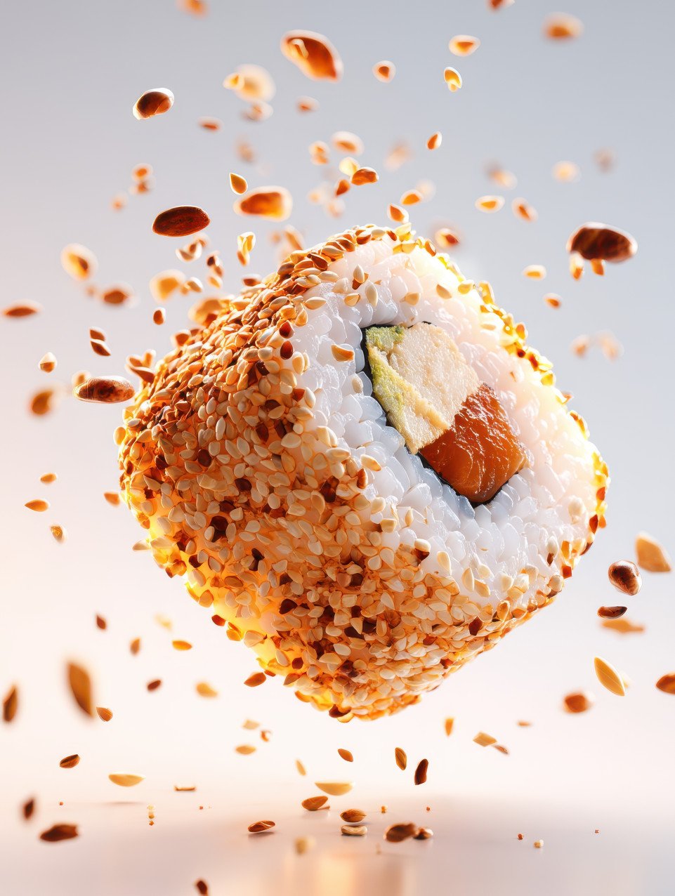 Hyper realistic photograph of a sushi roll slice floating mid air